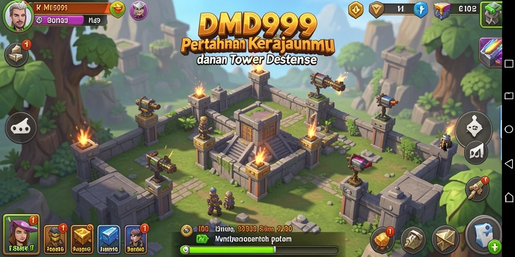 Tangkapan layar menunjukkan aksi seru dalam DMD999 dengan menara yang berjuang melawan musuh.