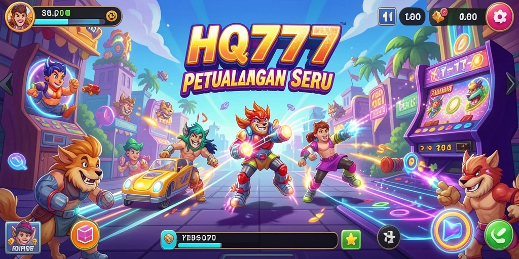 Tangkapan layar utama HQ777 menampilkan gameplay seru dengan aksi karakter yang dinamis.