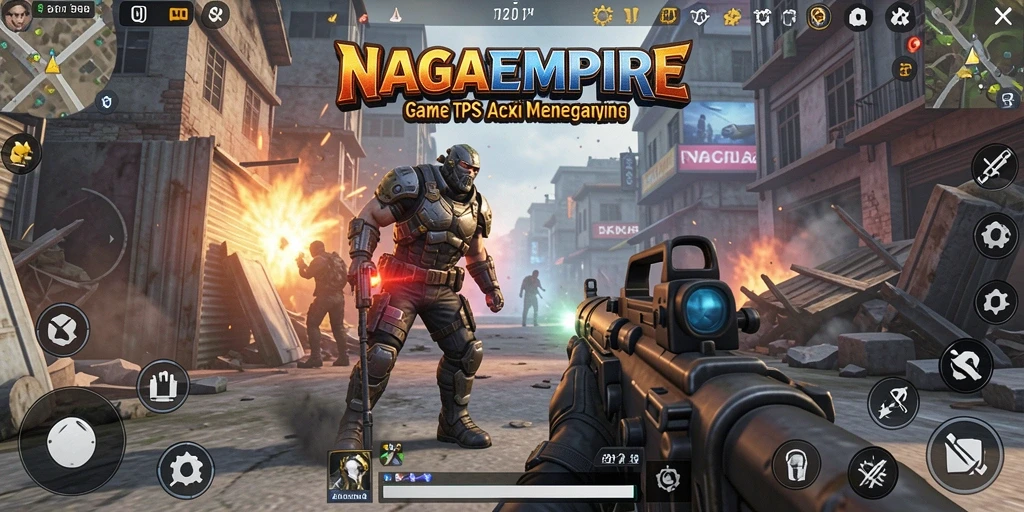 Screenshot gameplay NAGAEMPIRE menampilkan aksi bertempur seru di dunia fantasi.