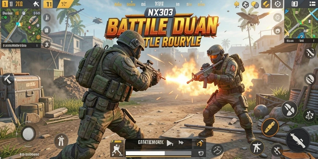 Tangkapan layar gameplay NX303 menampilkan pertempuran seru di pulau saat bermain Battle Royale.